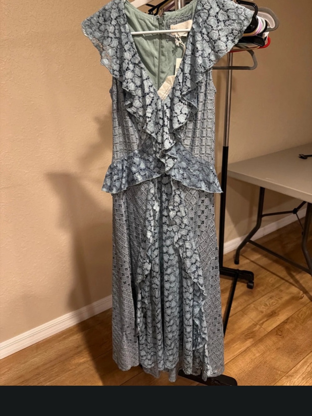 Anthropologie Pale Blue Lace Midi Dress with Ruffle Trim NWT